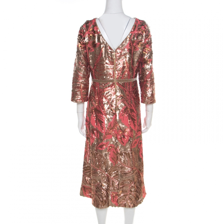Pre Owned Notte by Marchesa Pink and Gold Floral Sequined Midi Tea Dress XL