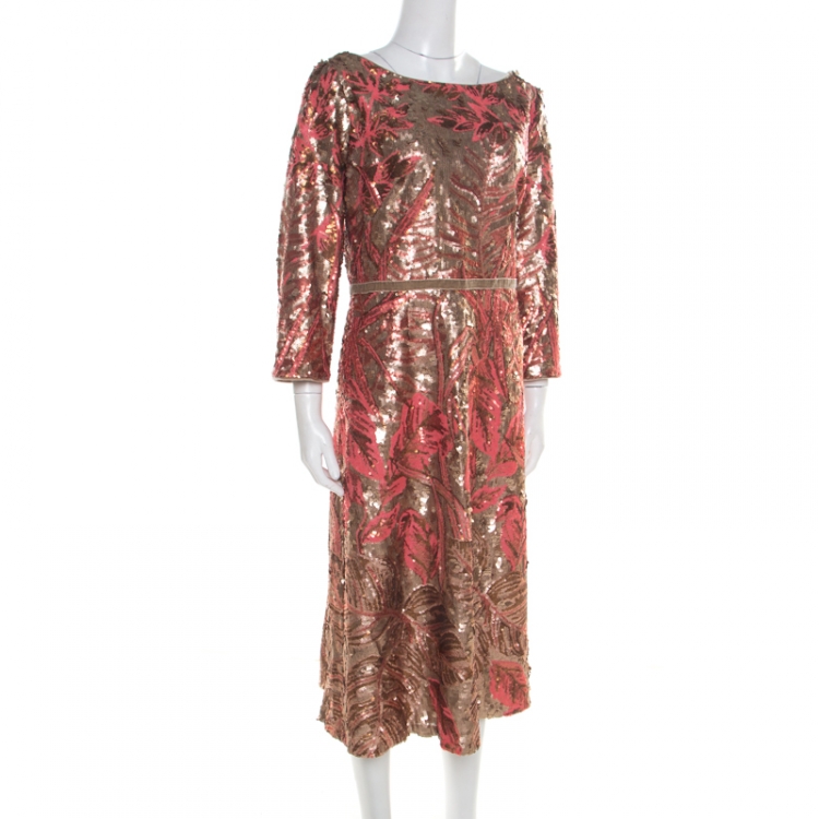 Pre Owned Notte by Marchesa Pink and Gold Floral Sequined Midi Tea Dress XL