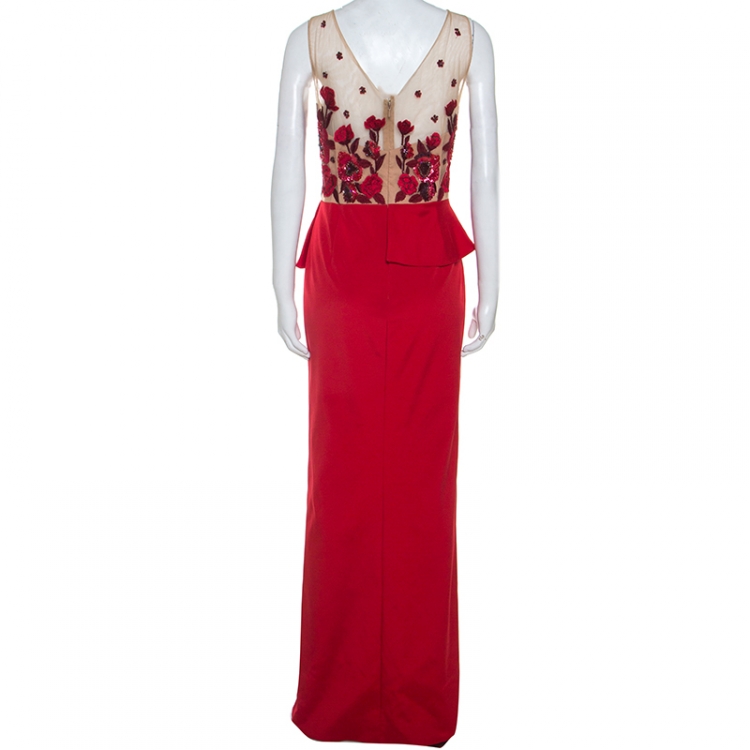 Pre Owned Marchesa Notte Red Beaded Stretch-Faille Column Gown L
