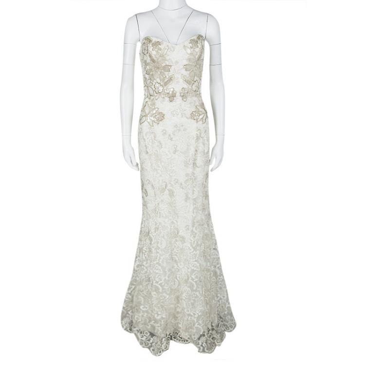 Pre Owned Notte by Marchesa White Floral Embroidered Lace Strapless Mermaid Gown M