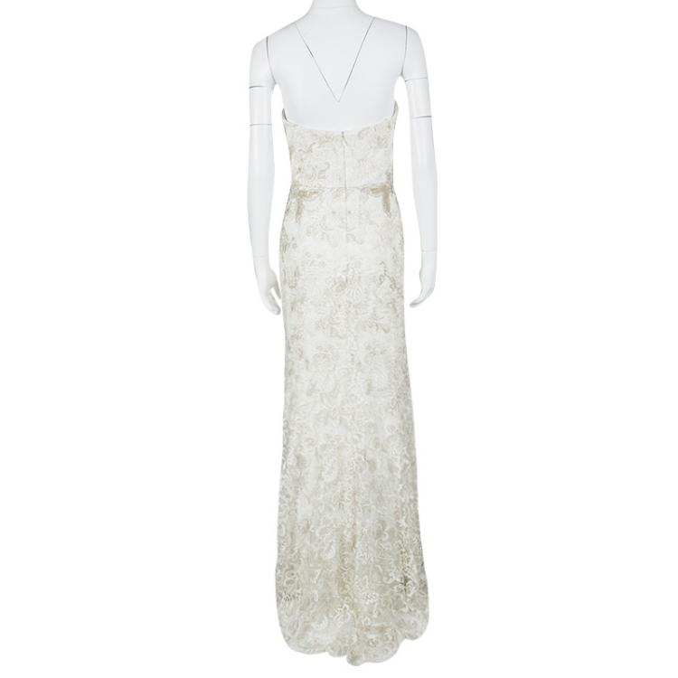 Pre Owned Notte by Marchesa White Floral Embroidered Lace Strapless Mermaid Gown M