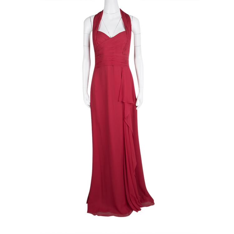 Pre Owned Notte by Marchesa Red Silk Chiffon Halter Evening Gown L