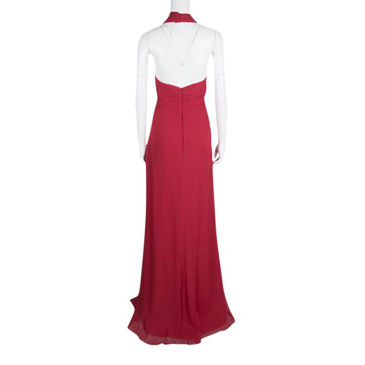 Pre Owned Notte by Marchesa Red Silk Chiffon Halter Evening Gown L