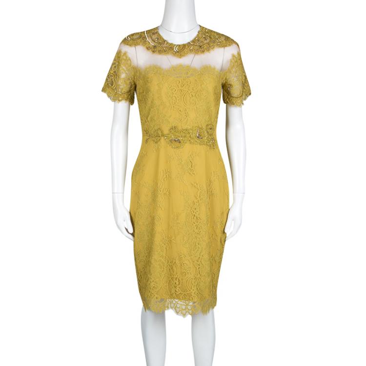 Pre Owned Notte by Marchesa Mustard Yellow Embellished Scalloped Lace Sheath Dress S
