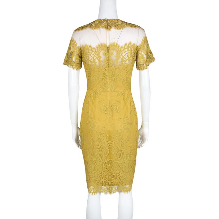 Pre Owned Notte by Marchesa Mustard Yellow Embellished Scalloped Lace Sheath Dress S