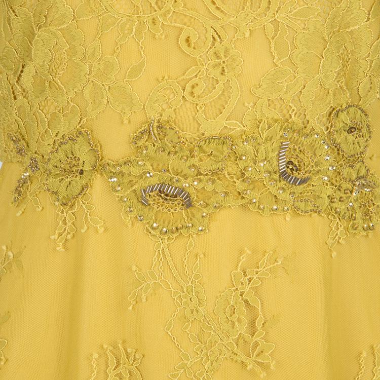 Pre Owned Notte by Marchesa Mustard Yellow Embellished Scalloped Lace Sheath Dress S