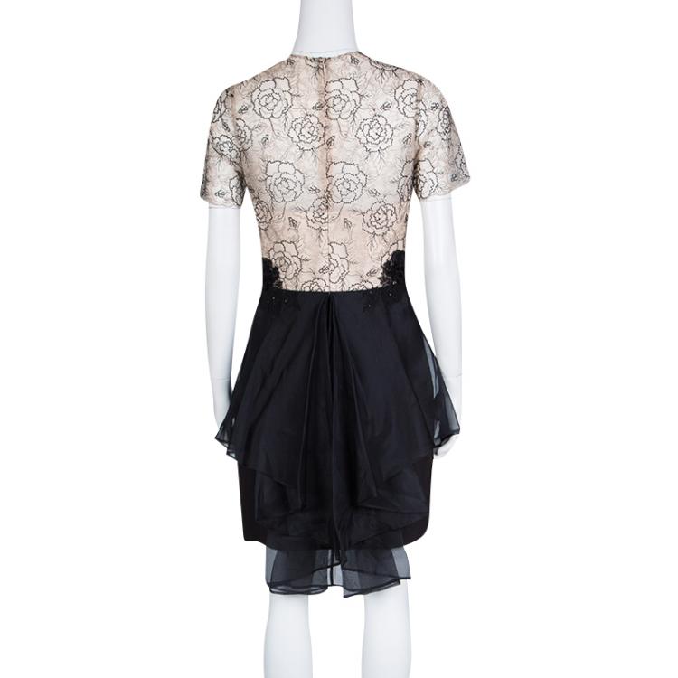 Pre Owned Notte By Marchesa Beige and Black Floral Lace and Silk Organza Mini Dress M