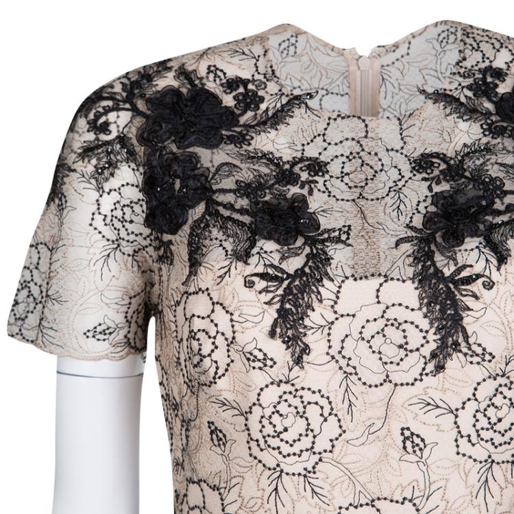 Pre Owned Notte By Marchesa Beige and Black Floral Lace and Silk Organza Mini Dress M