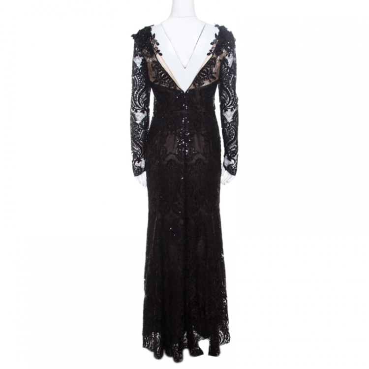 Pre Owned Notte By Marchesa Black Sequined Embroidered Floral Lace Gown S