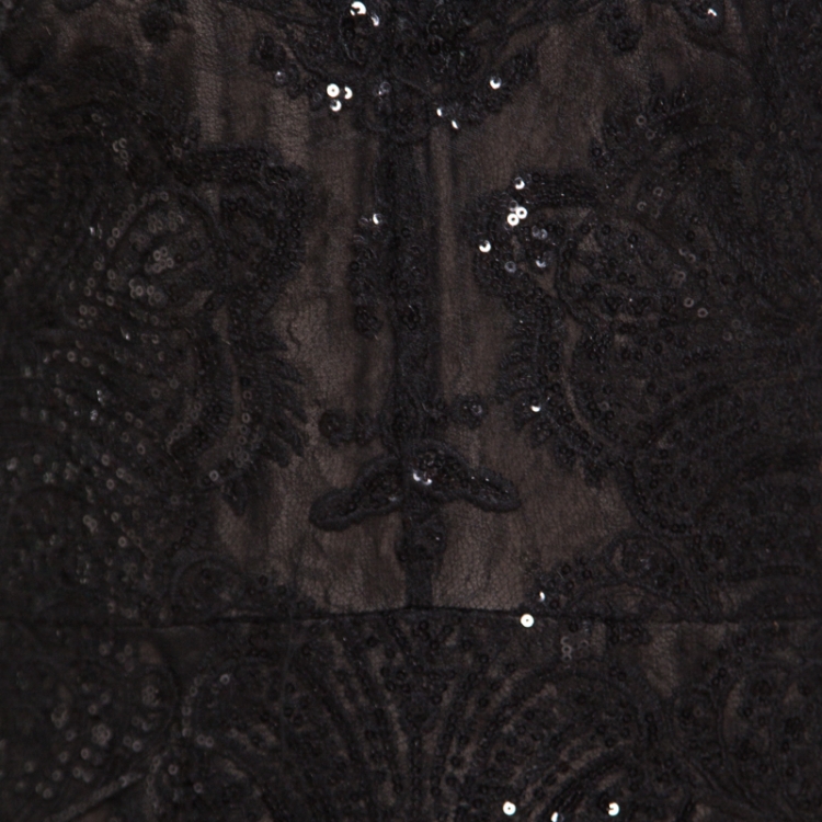 Pre Owned Notte By Marchesa Black Sequined Embroidered Floral Lace Gown S