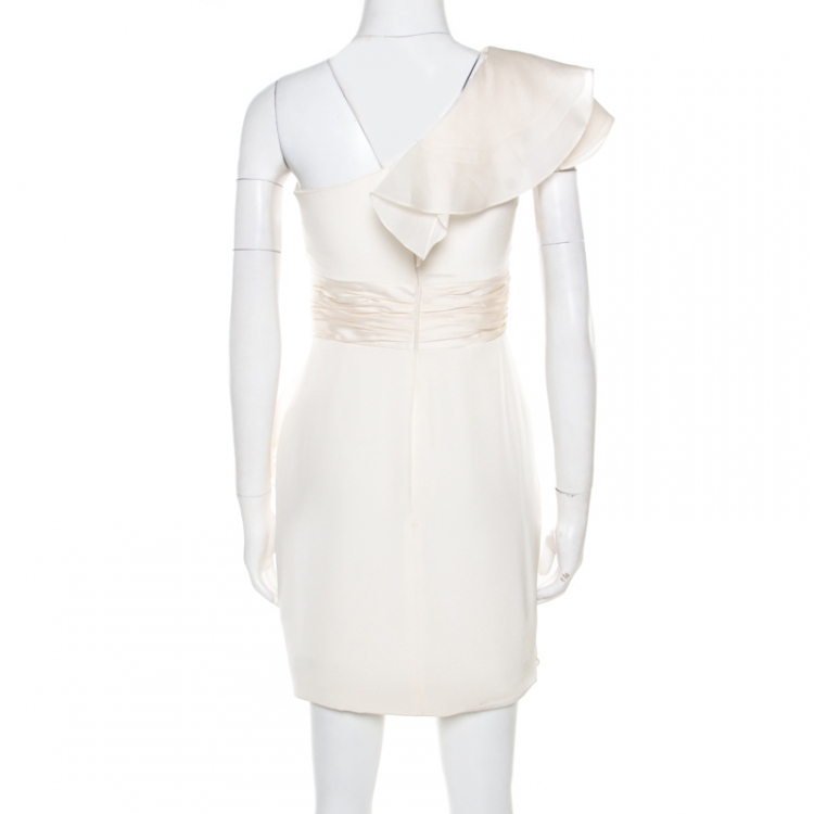 Pre Owned Notte By Marchesa White Silk Cascade Ruffle Detail One Shoulder Dress S