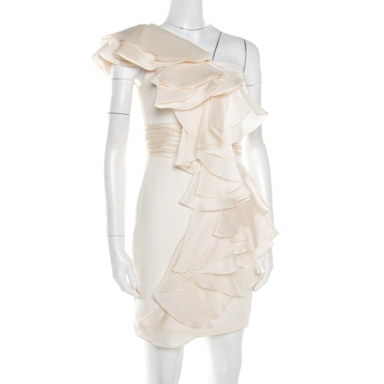 Pre Owned Notte By Marchesa White Silk Cascade Ruffle Detail One Shoulder Dress S
