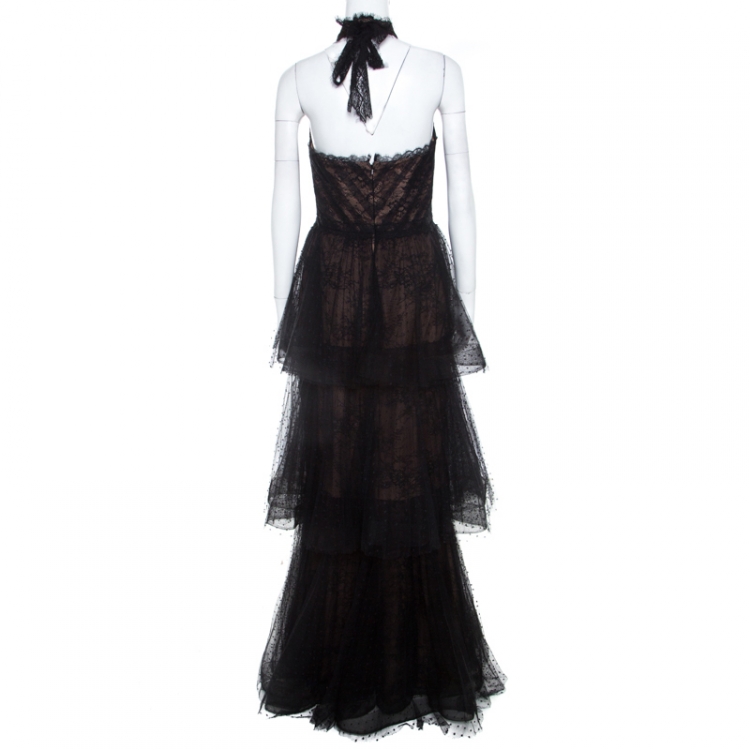 Pre Owned Notte By Marchesa Black Tiered Halter Lace Evening Gown M 