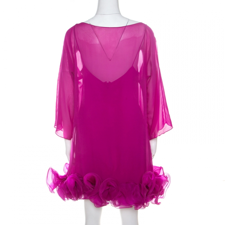Pre Owned Notte By Marchesa Fuschia Pink Silk Chiffon Ruffle Hem Detail Short Dress L 