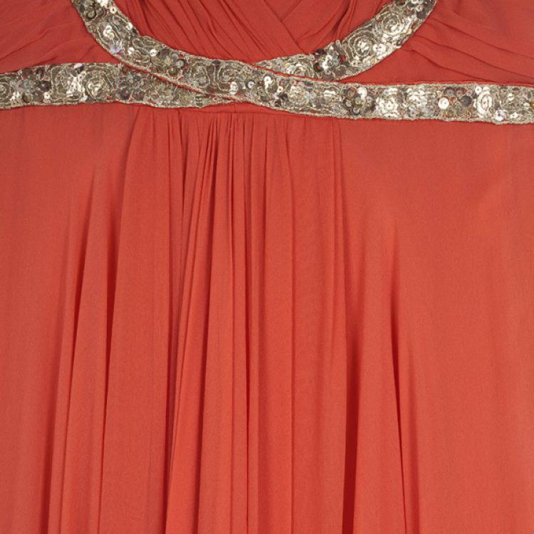 Pre Owned Notte by Marchesa Embroidered Strap Chiffon Gown L