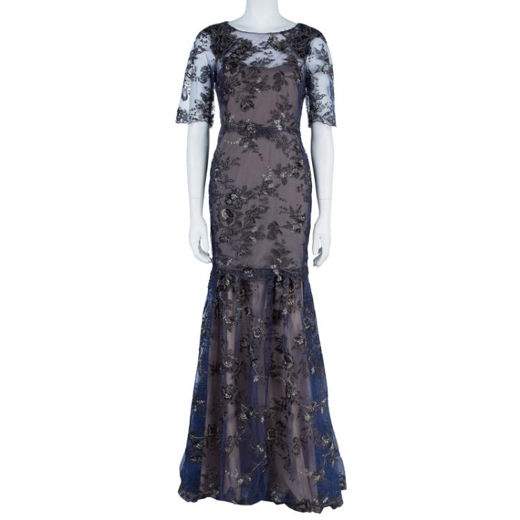 Pre Owned Notte By Marchesa Tiered Flower Appliqué Gown M