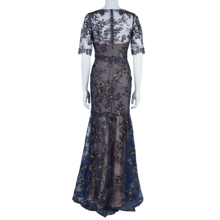Pre Owned Notte By Marchesa Tiered Flower Appliqué Gown M