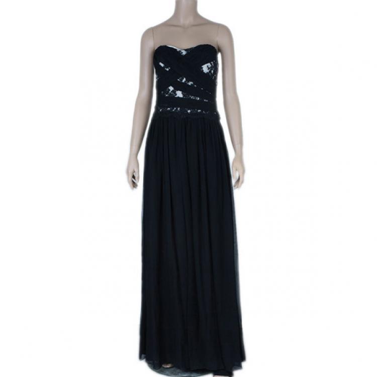 Pre Owned Notte By Marchesa Monochrome Chiffon Ruched Gown L