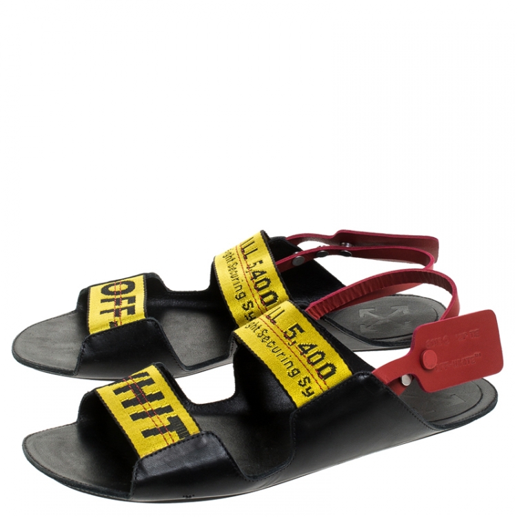 Pre Owned Off White Yellow Canvas And Black Leather Slingback Flat Sandals Size 39