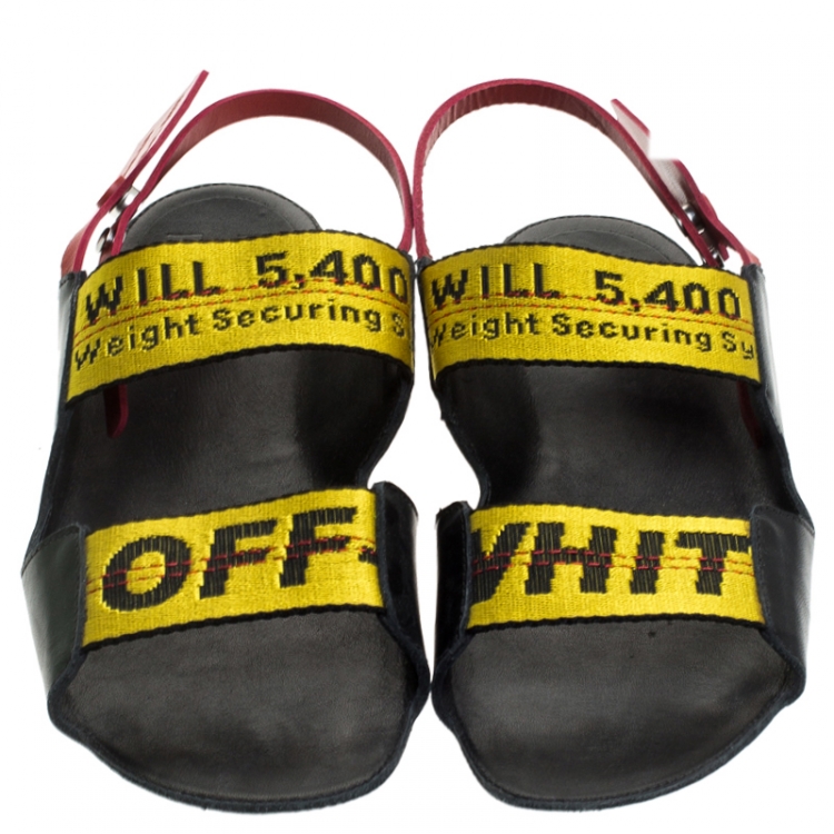 Pre Owned Off White Yellow Canvas And Black Leather Slingback Flat Sandals Size 39