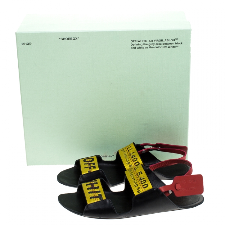 Pre Owned Off White Yellow Canvas And Black Leather Slingback Flat Sandals Size 39
