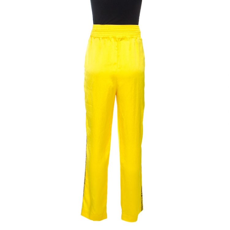 Pre Owned Off-White Yellow Crepe Logo Panel Drawstring Waist Detail Track Pants M