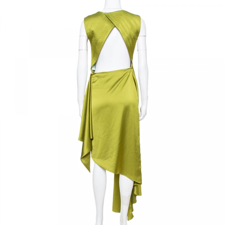 Pre Owned Off-White Olive Green Satin Draped Asymmetric Dress S