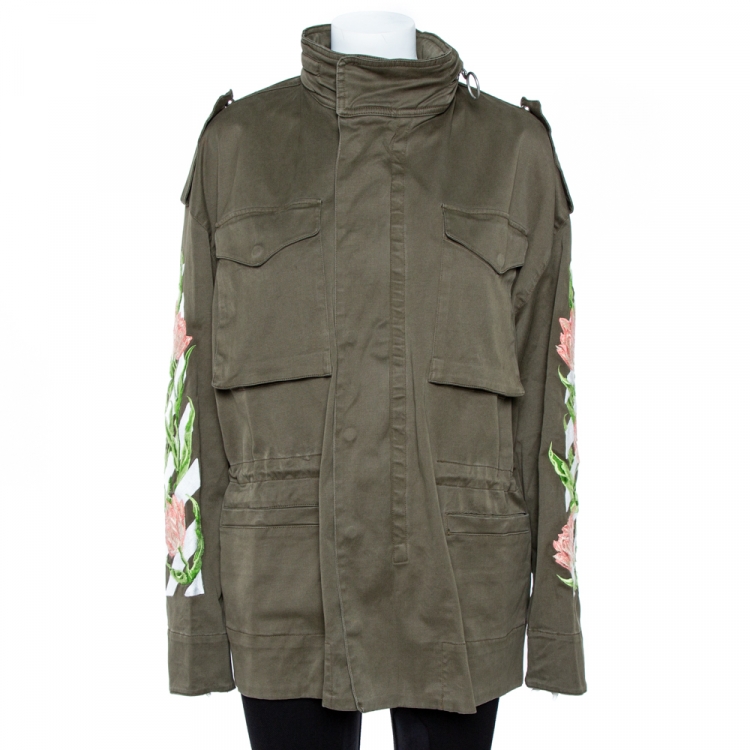 مملوكة مسبقًا Off-White Olive Green Cotton Tulip Embroidered Parka M