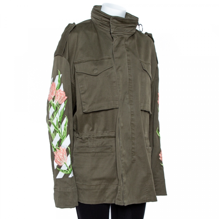 مملوكة مسبقًا Off-White Olive Green Cotton Tulip Embroidered Parka M