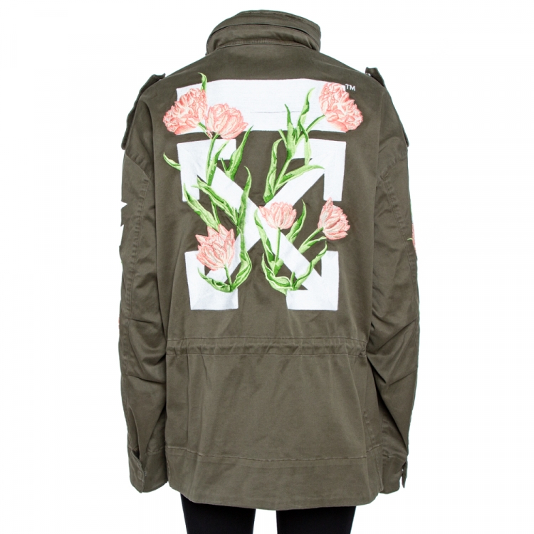 مملوكة مسبقًا Off-White Olive Green Cotton Tulip Embroidered Parka M