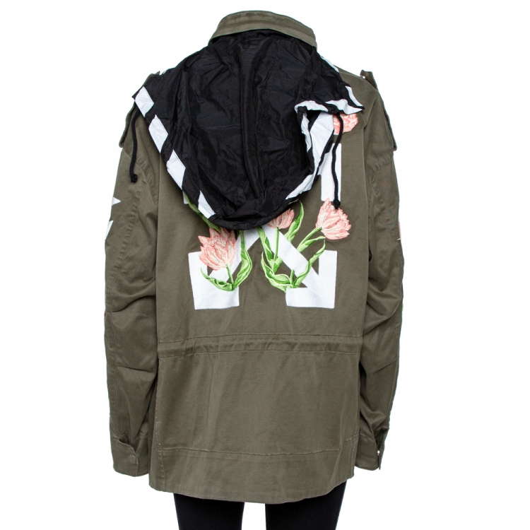 مملوكة مسبقًا Off-White Olive Green Cotton Tulip Embroidered Parka M