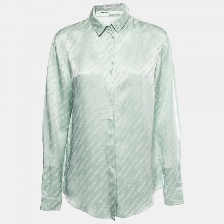 Pre Owned Off-White Mint Green Satin Jacquard Button Front Shirt S
