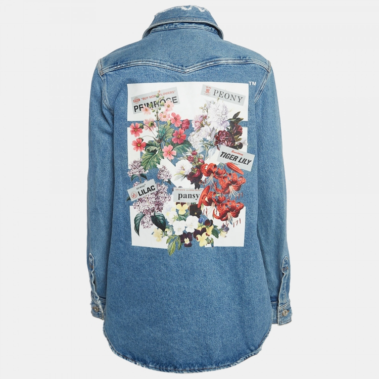 Pre Owned Off-White Blue Floral Print Back Denim Long Sleeve Shirt M