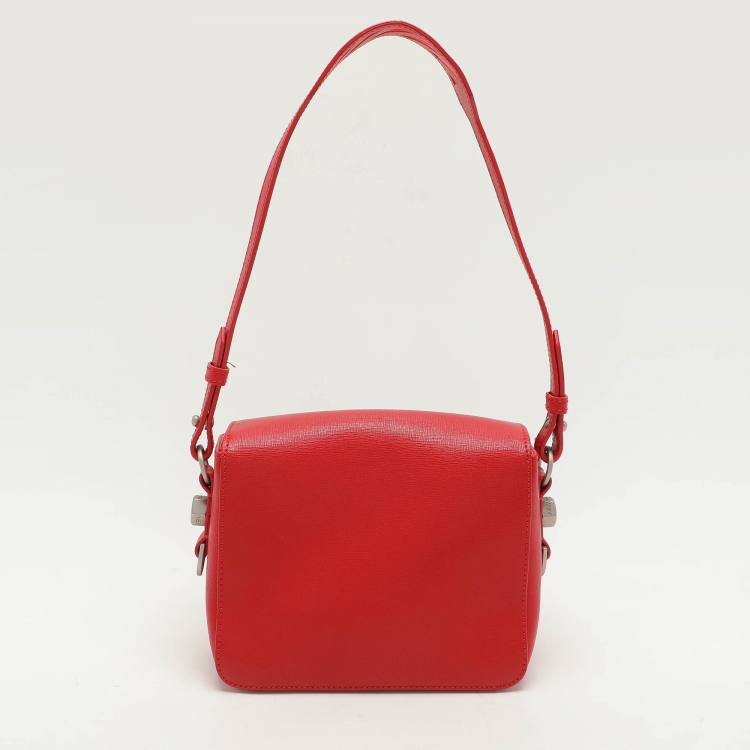 Pre Owned Off-White Red Diagonal Striped Leather Flap Crossbody Bag
