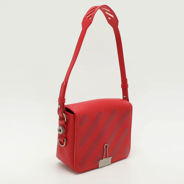 Pre Owned Off-White Red Diagonal Striped Leather Flap Crossbody Bag