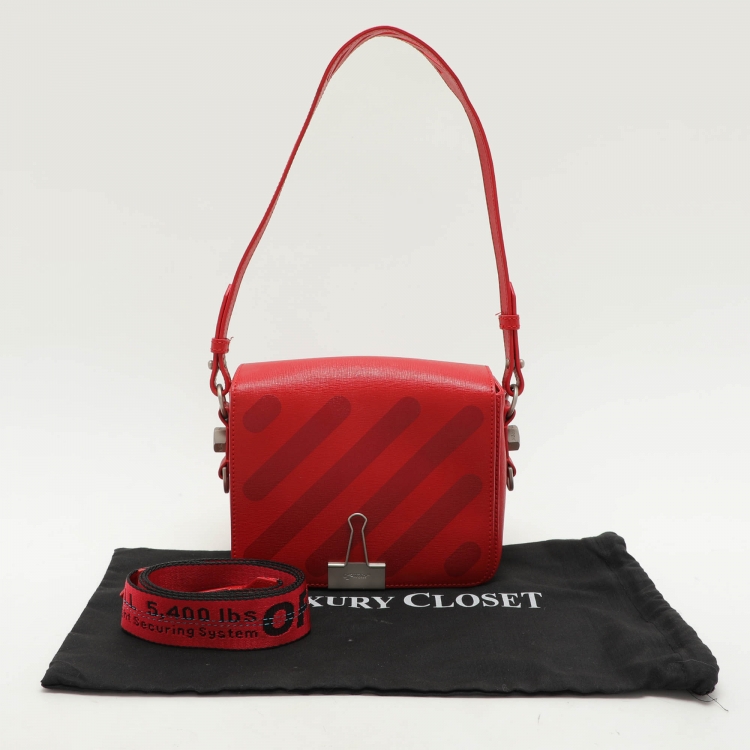 Pre Owned Off-White Red Diagonal Striped Leather Flap Crossbody Bag