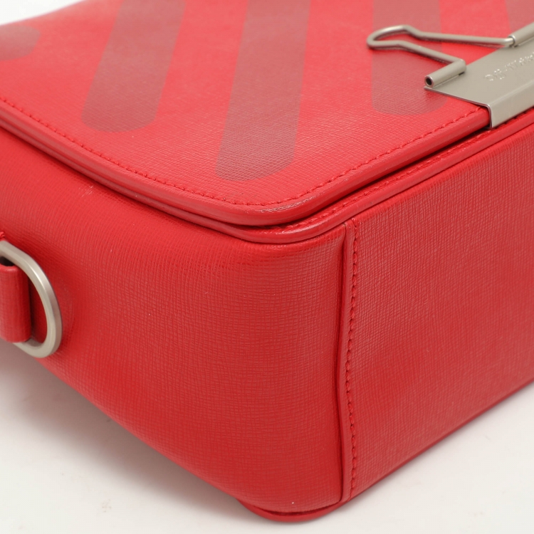 Pre Owned Off-White Red Diagonal Striped Leather Flap Crossbody Bag