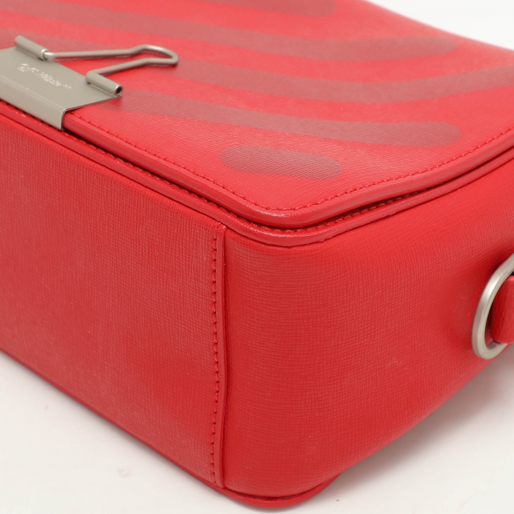 Pre Owned Off-White Red Diagonal Striped Leather Flap Crossbody Bag