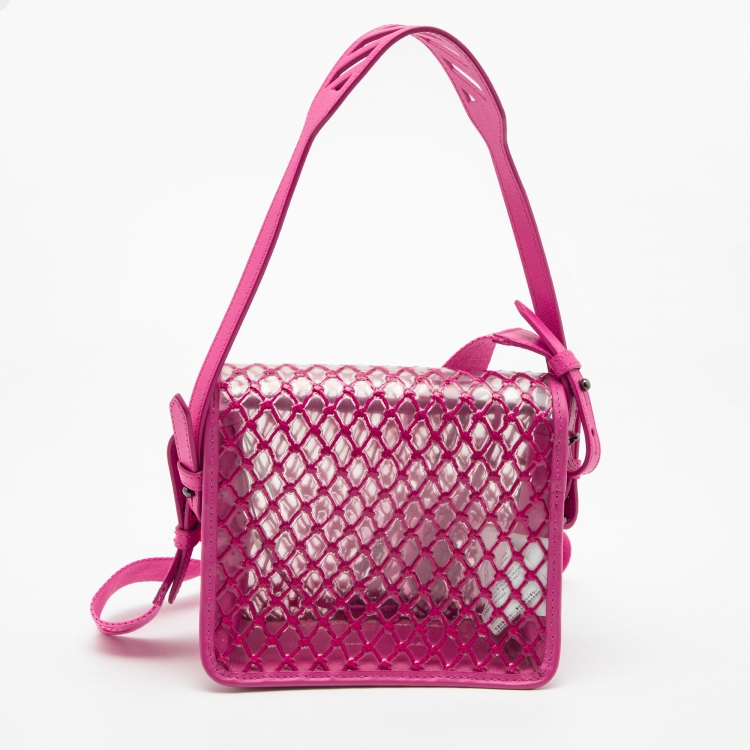Pre Owned Off-White Transparent/Pink PVC and Leather Binder Clip Flap Shoulder Bag