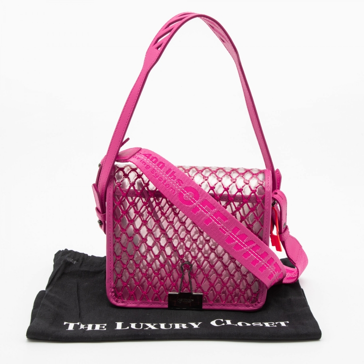 Pre Owned Off-White Transparent/Pink PVC and Leather Binder Clip Flap Shoulder Bag