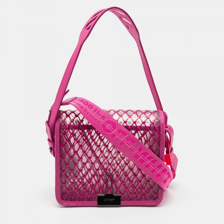 Pre Owned Off-White Transparent/Pink PVC and Leather Binder Clip Flap Shoulder Bag