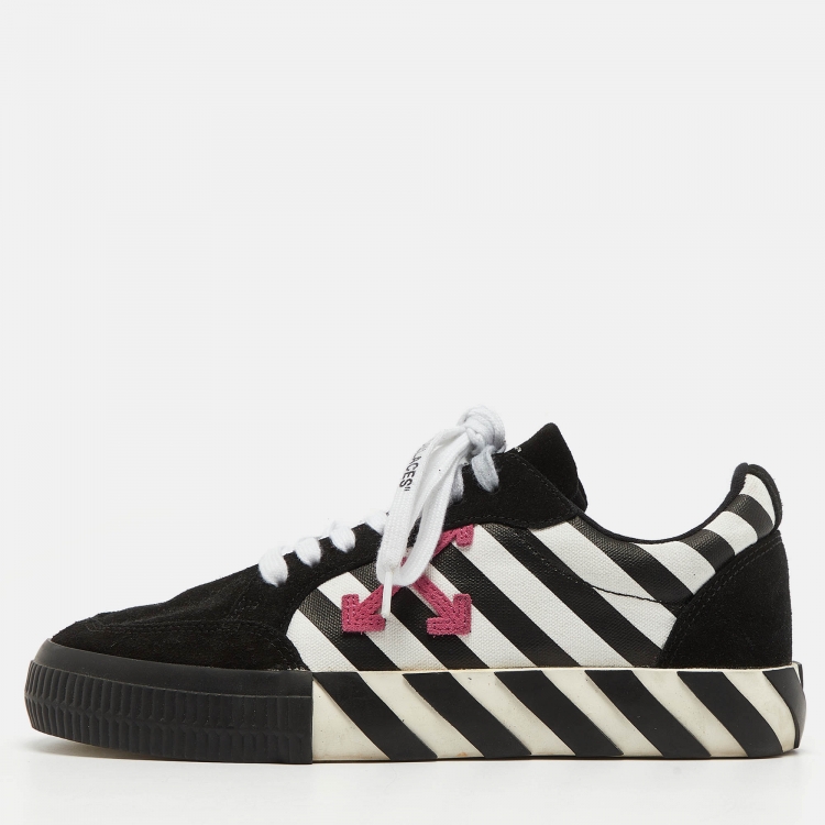 Pre Owned Off-White Black/White Canvas and Suede Diag Vulcanized Sneakers Size 38