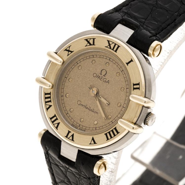 Pre Owned Omega Gold Dial Gold Plated Stainless Steel Constellation Women's Wristwatch 24 mm