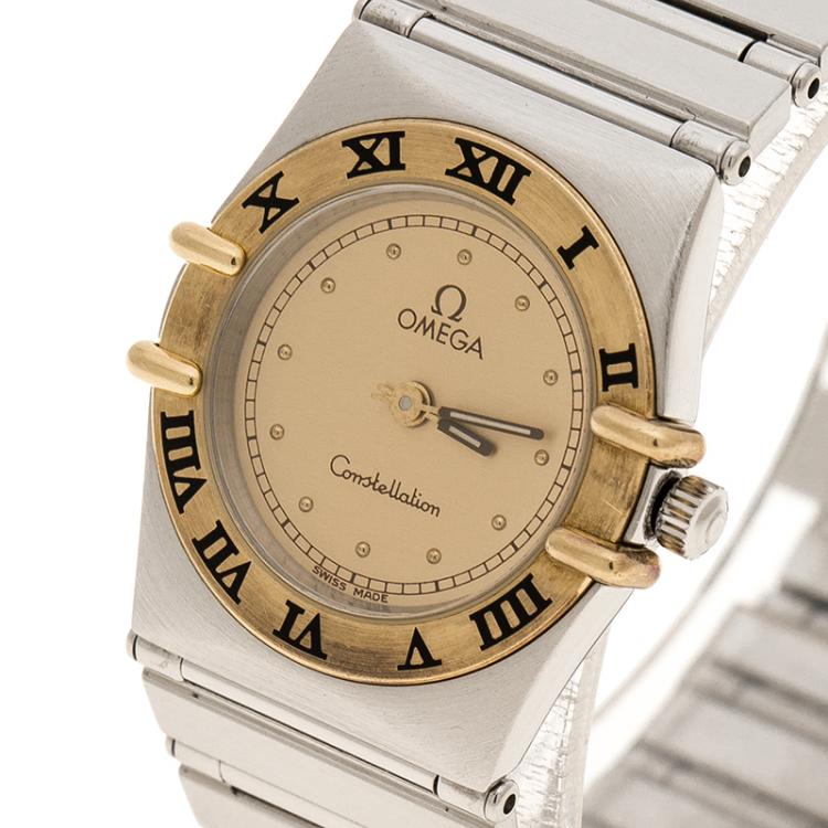 Pre Owned Omega  Gold Dial Stainless Steel and 18k Gold Constellation Women's Wristwatch 22 mm
