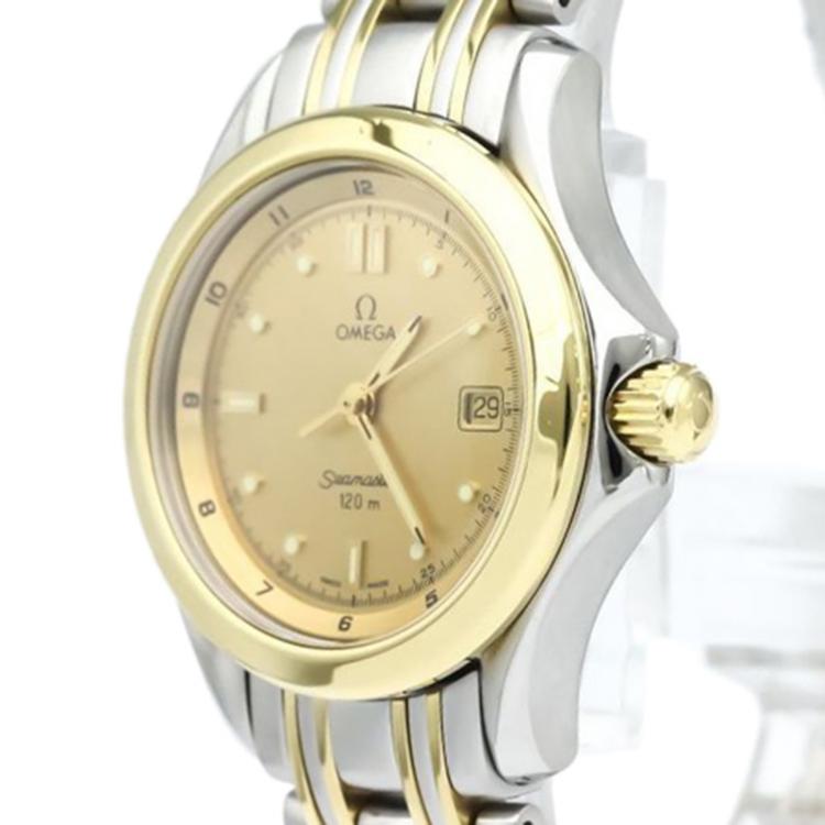 Pre Owned Omega Champagne 18K Yellow Gold and Stainless Steel Seamaster Women's Wristwatch 29MM