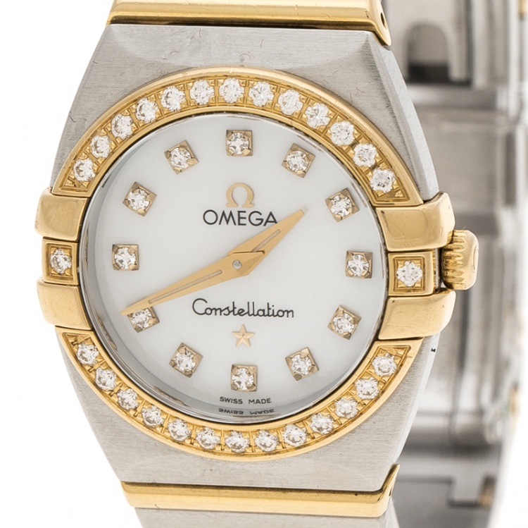 Pre Owned Omega Mother of Pearl 18K Yellow Gold and Stainless Steel Diamond Constellation Double Eagle Women's Wristwatch 24 mm