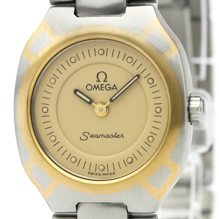Pre Owned Omega Champagne Gold Plated Stainless Steel Seamaster Polaris Women's Wristwatch 22MM
