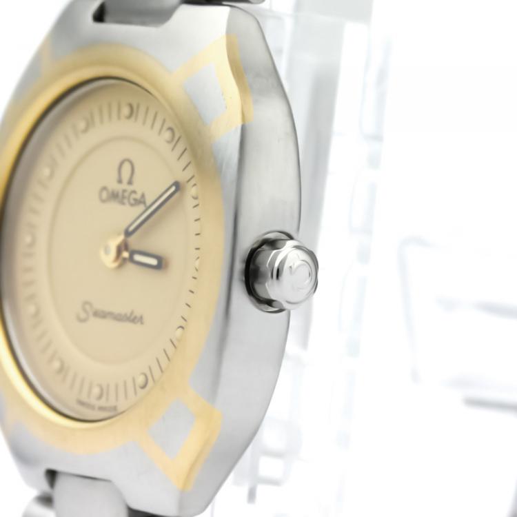 Pre Owned Omega Champagne Gold Plated Stainless Steel Seamaster Polaris Women's Wristwatch 22MM