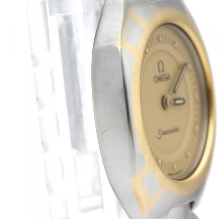 Pre Owned Omega Champagne Gold Plated Stainless Steel Seamaster Polaris Women's Wristwatch 22MM