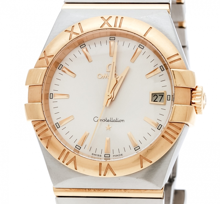 Pre Owned Omega Silver Stainless Steel and 18K Yellow Gold Constellation 396.2011 Women's Wristwatch 34 mm